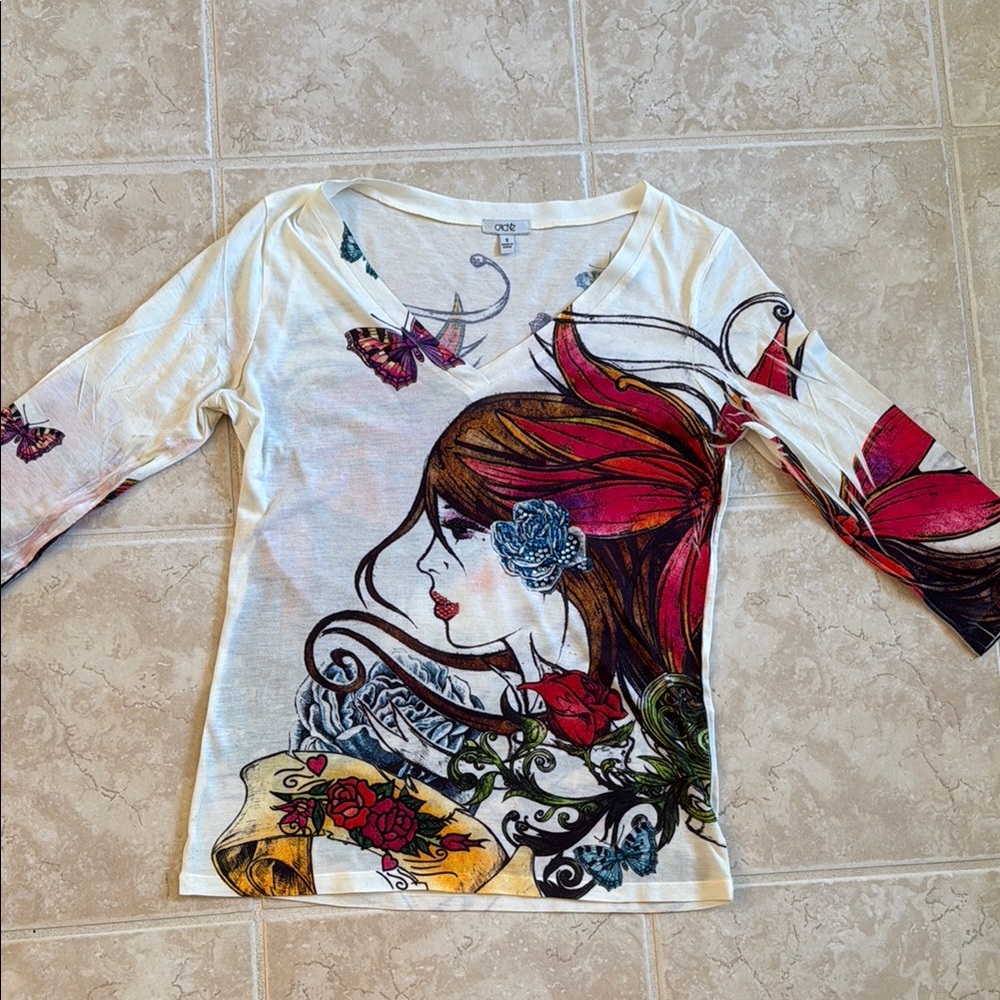 Cache Graphic Fitted Blouse White Red